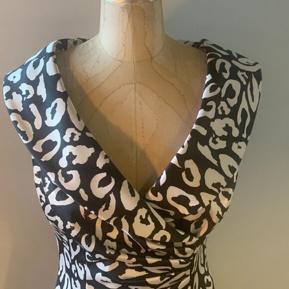 Kay Unger Fitted Sleeveless Black White Cheetah Print Cocktail Dress Womens Sz 2 - Picture 2 of 9
